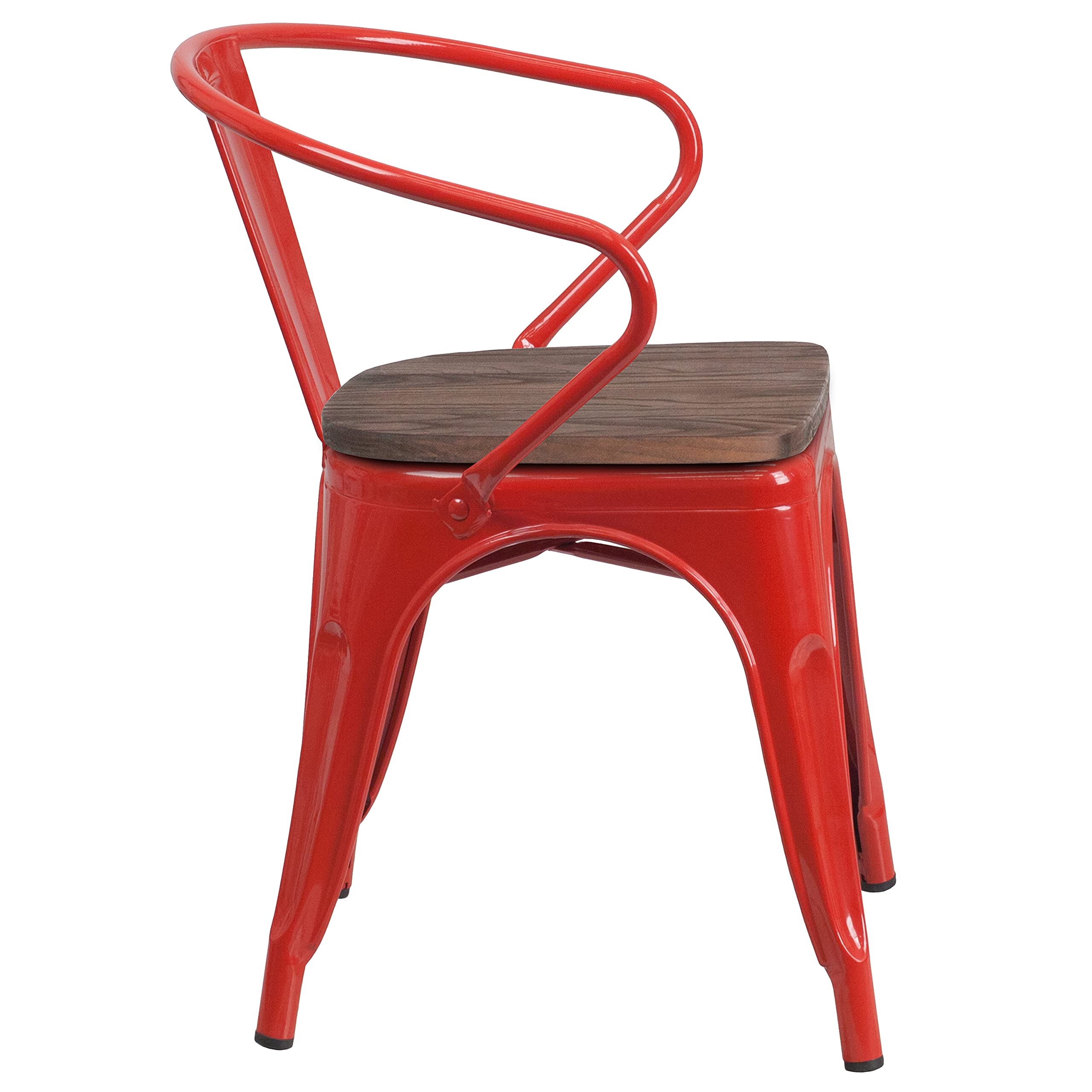 4 Pack Red Metal Chairs with Wooden Seats & Arms - Durable Restaurant & Cafe Furniture for Indoor & Outdoor Dining, Patio, Bistro, and Home Decor