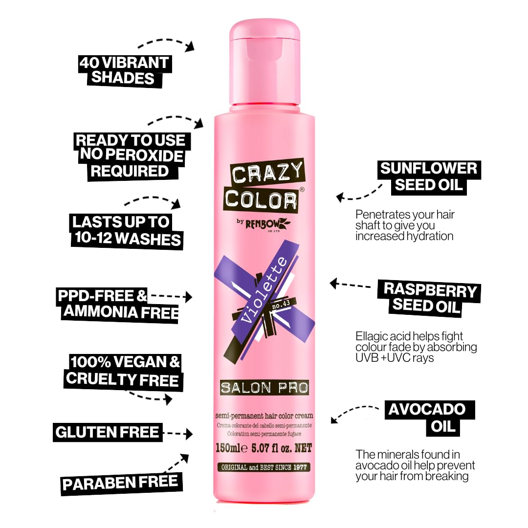Crazy Color Salon Pro Semi-Permanent Hair Dye - 43 Violette for Women (5.07 oz) | Vibrant Long-Lasting Color for Creative Styling & Bold Looks