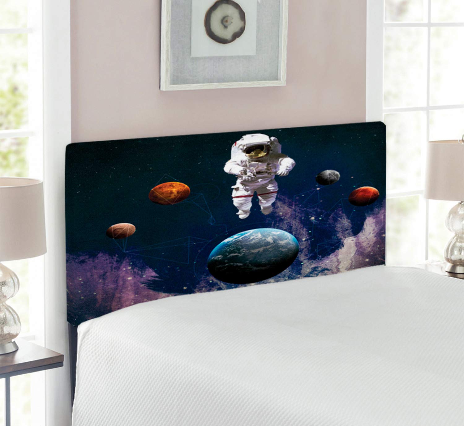 Ambesonne Outer Space Headboard - Astronaut & Planets Themed Upholstered Metal Bed Headboard with Memory Foam, Twin Size, Multicolor - Perfect for Kids' Room & Space-Themed Bedroom Decor