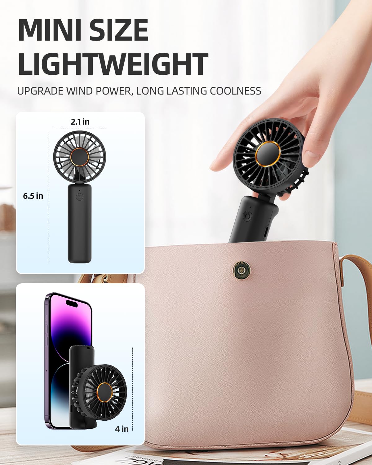 FrSara Portable Handheld Fan with 2000mAh Battery - Neck Fan, Mini Desk Fan, 3-Speed Adjustable, Ultra Quiet USB Rechargeable Personal Cooling Fan (Black) - Perfect for Office, Travel, Outdoor Activities & Phone Charging