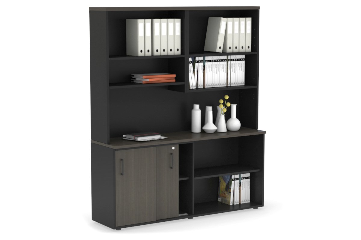 Modern 2-Door Sliding Credenza with Open Storage Hutch - Stylish Home Office & Living Room Furniture for Organization & Display