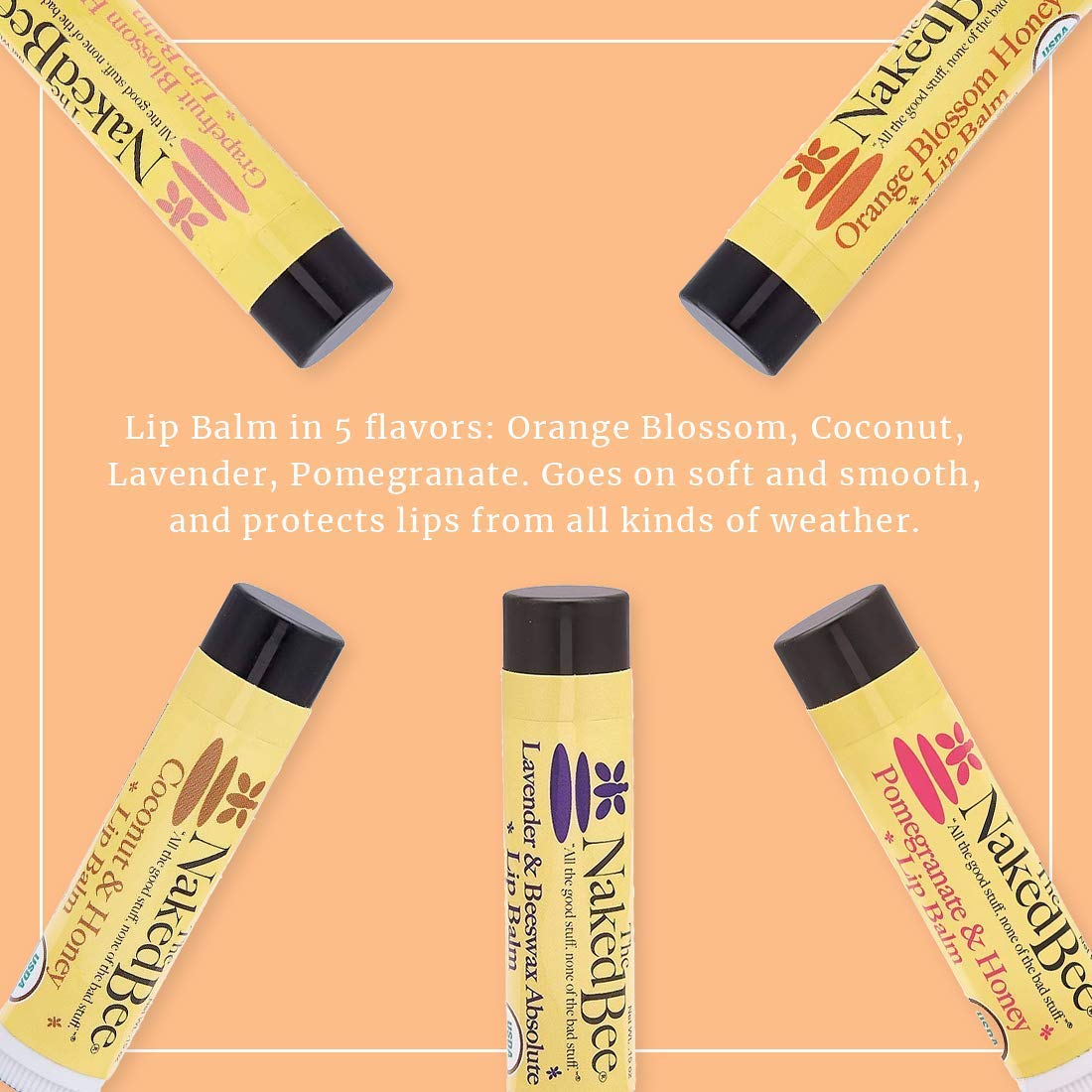 The Naked Bee Moisturizing Hand & Body Lotion 6.7oz + Lip Balm Sampler Set - Coconut Honey, Orange Blossom, Pomegranate, Grapefruit & Lavender Beeswax - Hydrating Skincare Gift for Dry Skin - Perfect for Travel, Home & Office Use