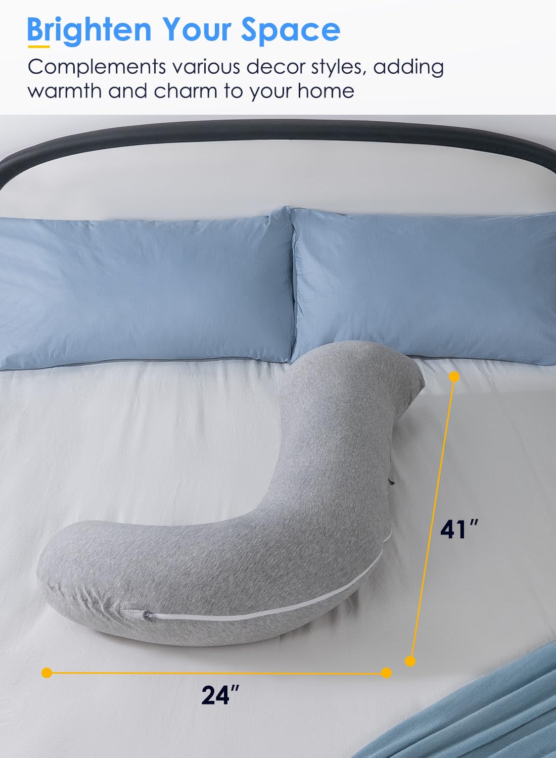 QUEEN ROSE Full Body Support Pillow for Side Sleepers - Cooling S-Shaped Hug Pillow with Removable Cover for Adults, Light Grey | Perfect for Pregnancy Support, Back Pain Relief & Comfortable Sleeping