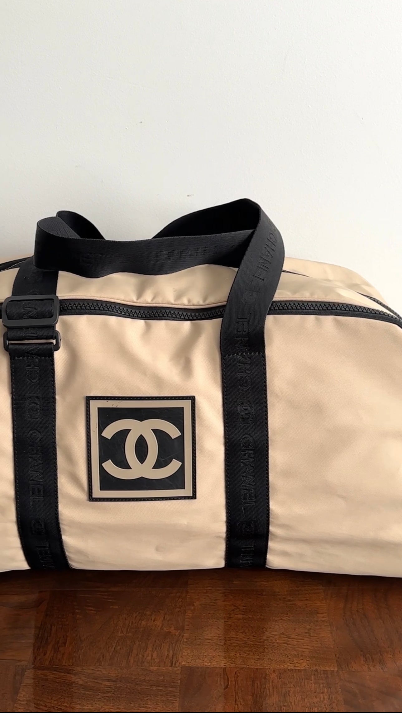 Vintage Chanel Sport 2002 XL Beige Nylon Duffle Bag - Travel Duffel for Women, Gym Bag, Weekend Getaway & Luxury Designer Tote