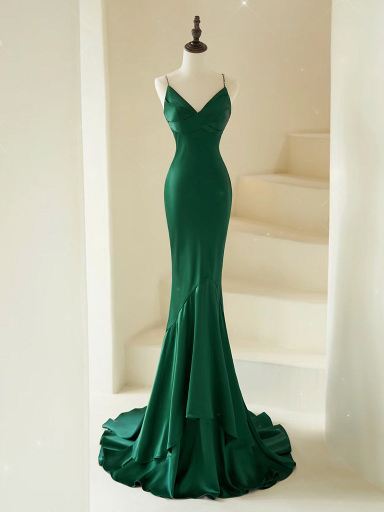 Elegant Mermaid V-Neck Satin Green Long Prom Dress | Formal Evening Gown for Women | Perfect for Homecoming, Ball, Wedding & Special Occasions