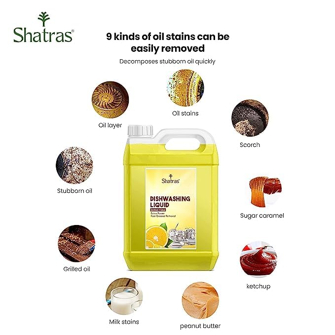 Shatras Antibacterial Dishwashing Liquid Gel - Yellow Lemon & Active Salt Formula, Fast Cleaning, No Residue, Refill Can (5L) | Ideal for Kitchen, Restaurant, and Home Use on All Utensils, Pots, Pans, and Dishes