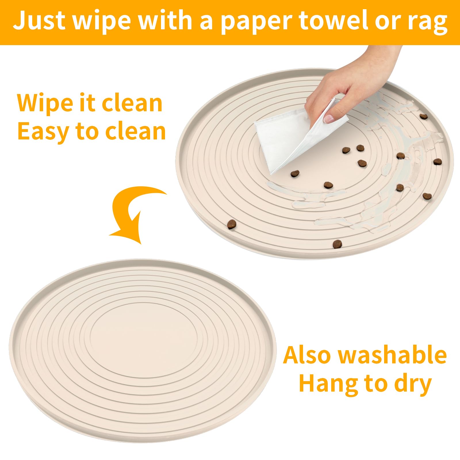 Non-Slip Waterproof Silicone Pet Feeding Mat for Dogs & Cats - 2 Pack Dog Bowl Mats for Food & Water - Small/Medium Pets Puppy Tray Mat Prevents Spills & Residues on Floor (Beige) - Perfect for Kitchen, Dining Area & Travel Use