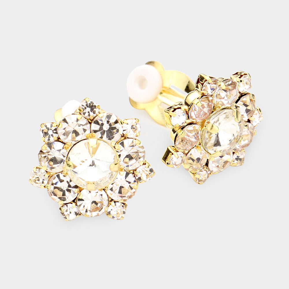 Elegant Clear Crystal Bubble Stone Clip-On Pageant Earrings in Gold | Shiny Gold Clip-On Interview Earrings for Women | Perfect for Pageants, Weddings & Formal Events | 532606