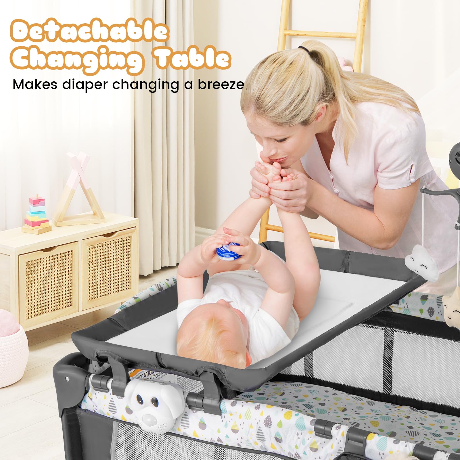 BABY JOY 3-in-1 Portable Playard with Bassinet & Changing Table - Foldable Travel Crib with Lockable Wheels & Soothing Music Box - Ideal for Newborn to Toddler - Perfect for Nursery, Travel & Daycare Use