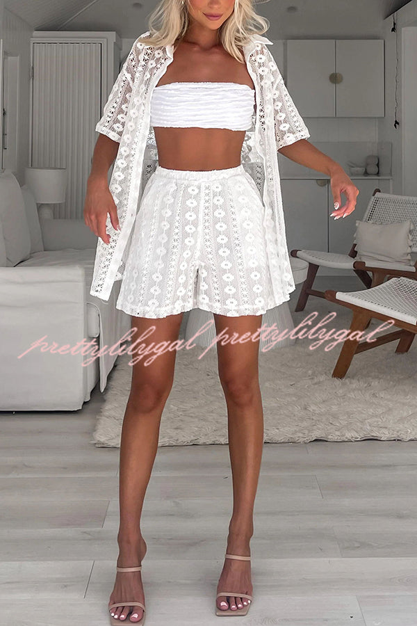 Floral Lace Short Sleeve Loose Blouse - Women's Summer Boho Top for Beach, Vacation & Casual Outings