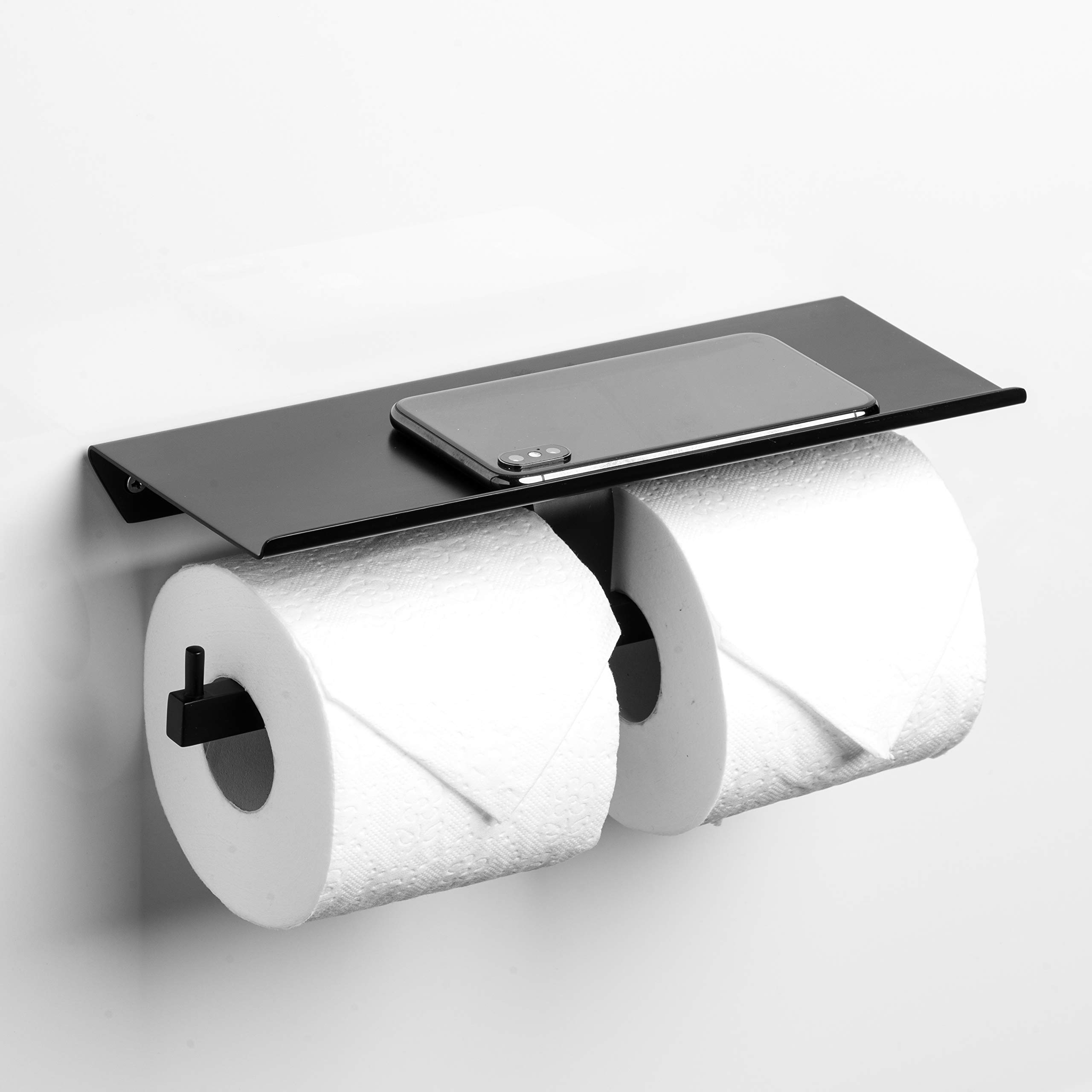 Linkaa Matte Black Wall Mount Toilet Paper Holder with Shelf & Dual Roller - Rustproof Bathroom Organizer with Phone Storage | Perfect for Small Bathrooms, Powder Rooms & Modern Home Decor