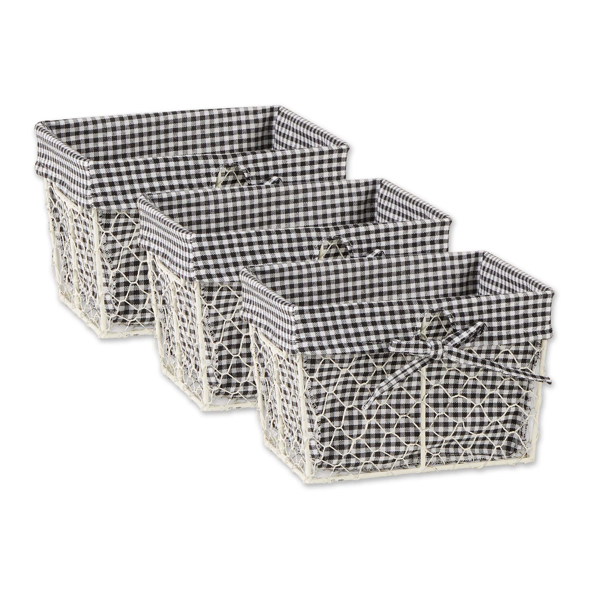 DII Farmhouse Chicken Wire Storage Baskets with Liner - Small 9x7x6 Inches, 3-Piece Set in Antique Black & White Gingham Check - Perfect for Kitchen, Bathroom, and Home Organization