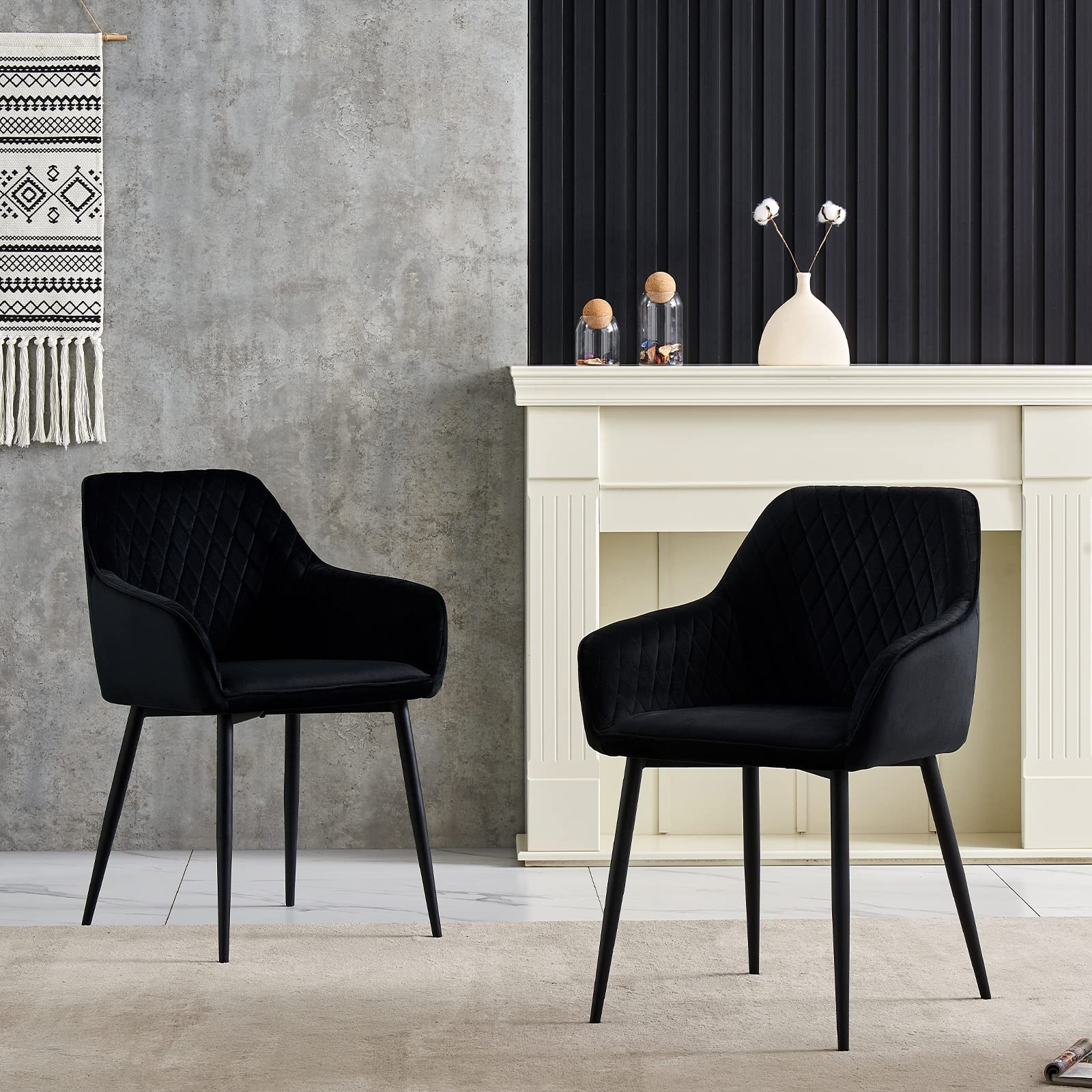 Modern Velvet Upholstered Dining Chairs Set of 2 - Black High Back Kitchen Chairs with Metal Legs & Arms for Dining Room, Breakfast Nook, or Home Office