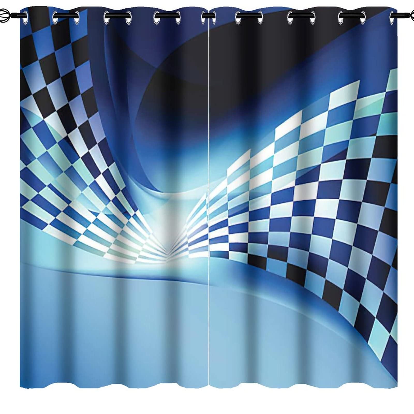 Race Car Flag Blackout Curtains - Thermal Insulated Noise Reducing Light Blocking Drapes, Abstract Blue Black White Checkered Design, 84