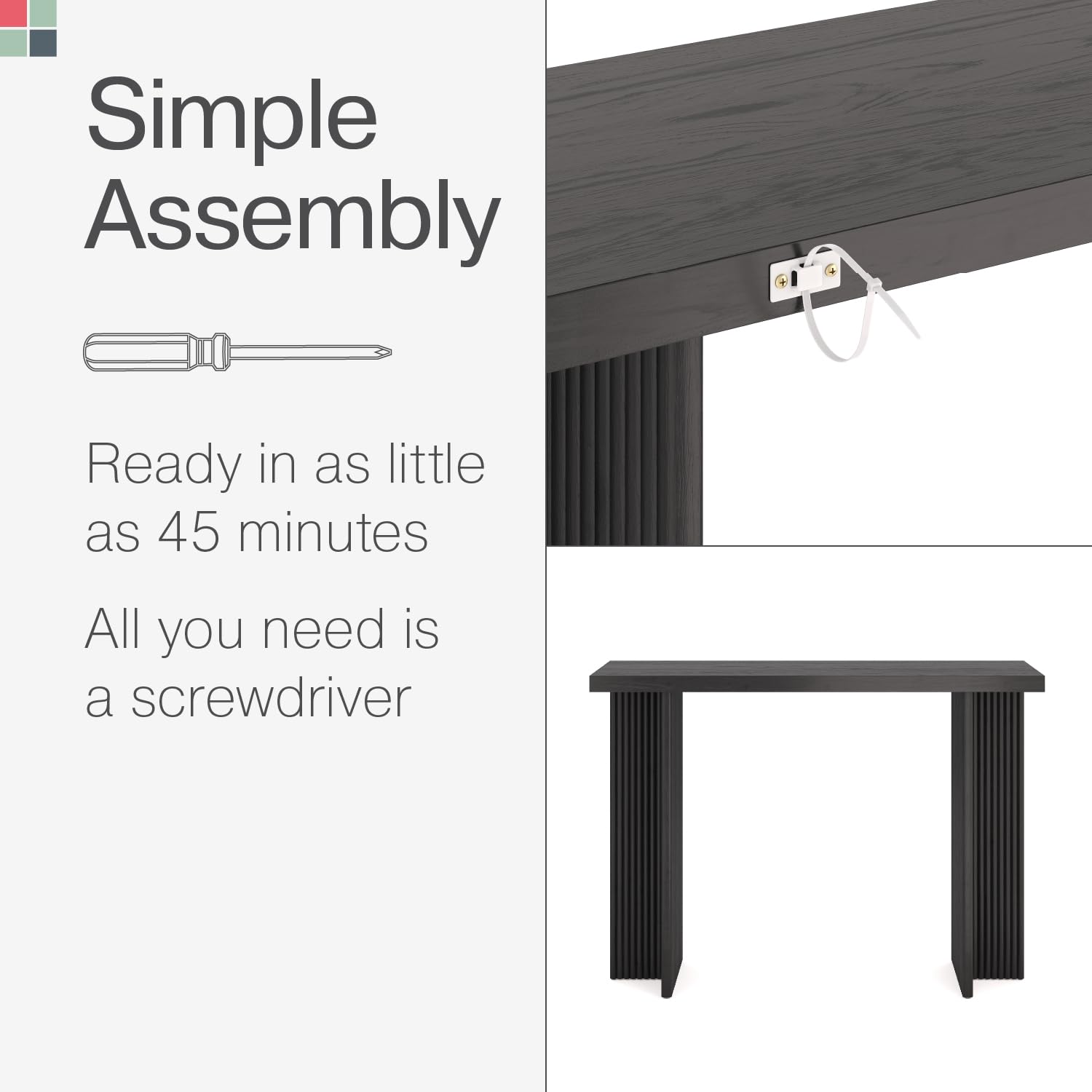 Fluted Console Table - Small Entryway Table for Narrow Spaces - Modern Mid-Century Solid Wood Hallway Furniture - Black Fluted Cross Base & Rectangular Top - Perfect for Living Room, Foyer & Apartment Decor
