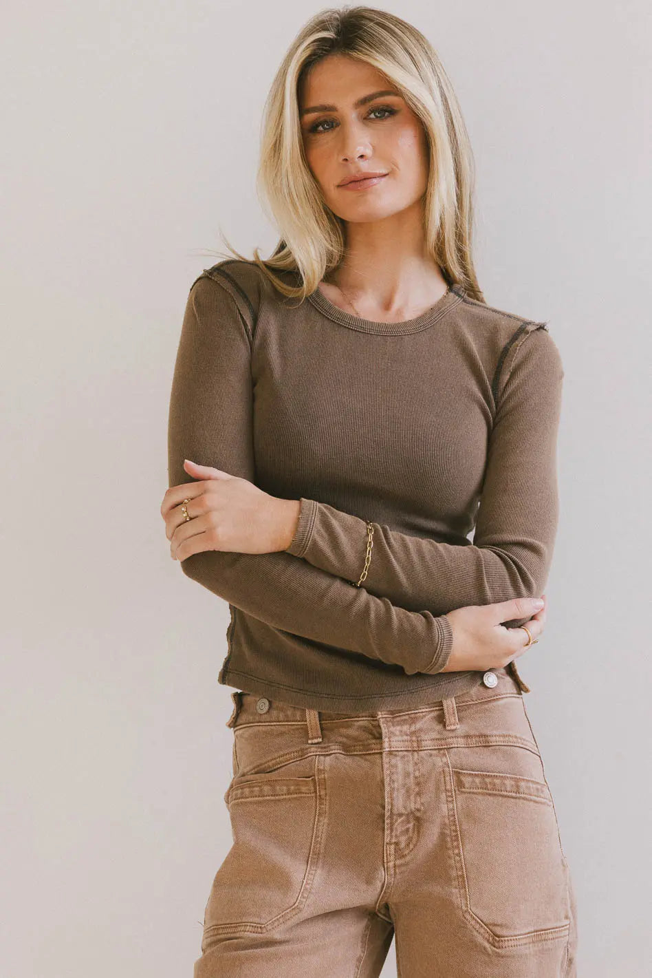 Lexie Ribbed Top in Charcoal - Women's Stretchy Knit Slim Fit T-Shirt for Casual Wear, Layering & Everyday Outfits