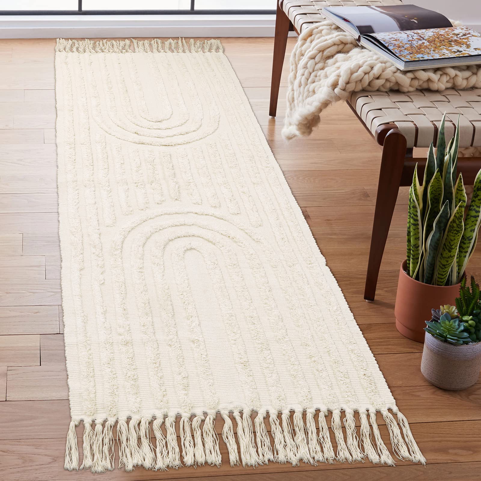 Lanffia Boho Runner Rug 2x6 - Washable Beige Tufted Rainbow Rug with Tassels for Farmhouse & Modern Decor | Perfect for Bathroom, Kitchen, Hallway, Laundry, Bedroom & Living Room | Neutral Floor Carpet for Indoor Spaces