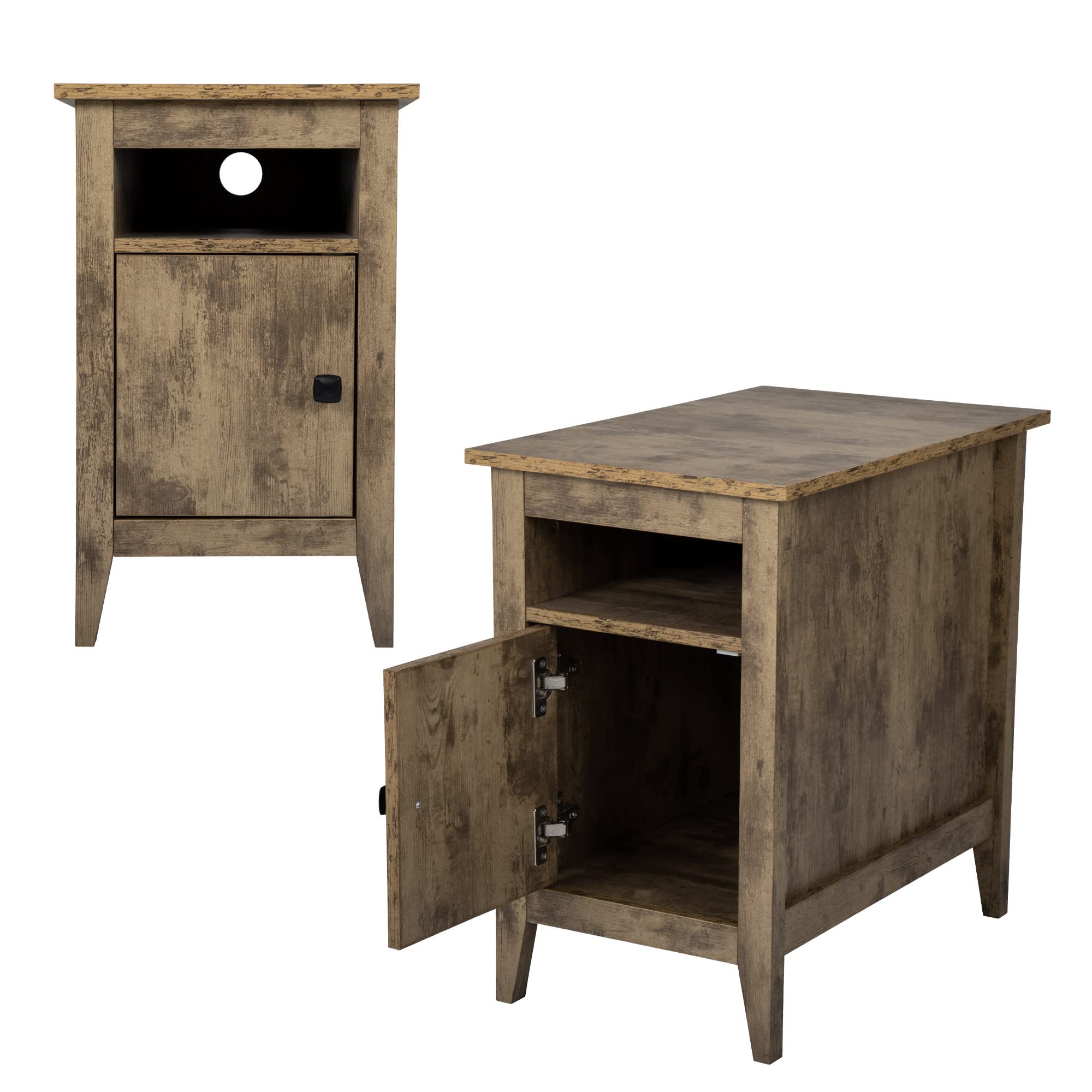 2-Tier Narrow Wood Nightstand Set of 2 with Cabinet & Shelf - Brown End Tables for Bedroom, Living Room & Small Spaces