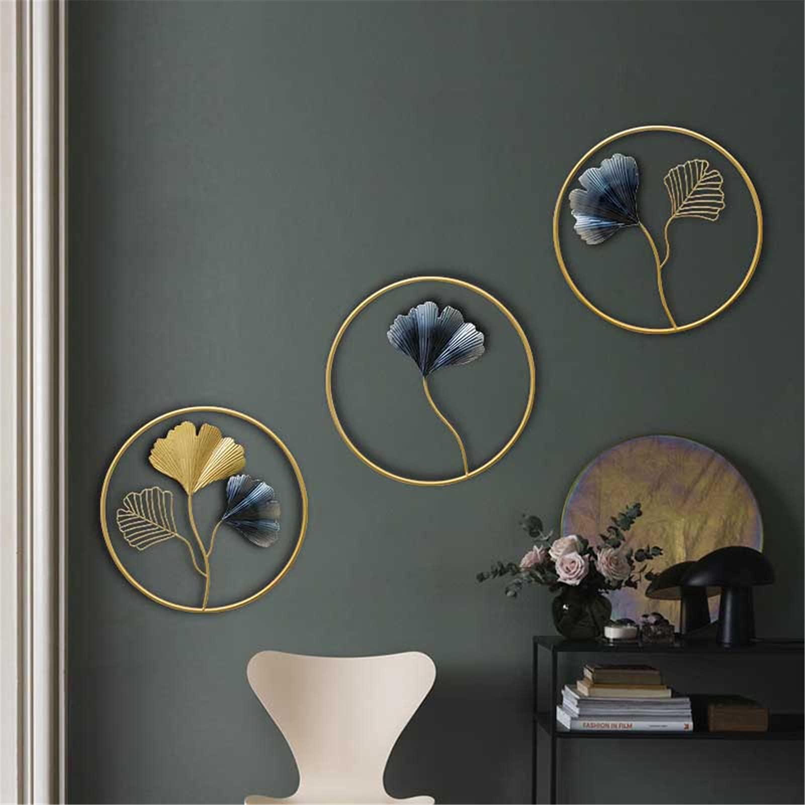 3PCS Gold Ginkgo Leaf Metal Wall Art Decor - Nordic Style Home Ornament for Living Room, Bedroom, Study & Hotel - 45cm Diameter - Perfect for Boho Decor, Housewarming Gifts & Wall Accents