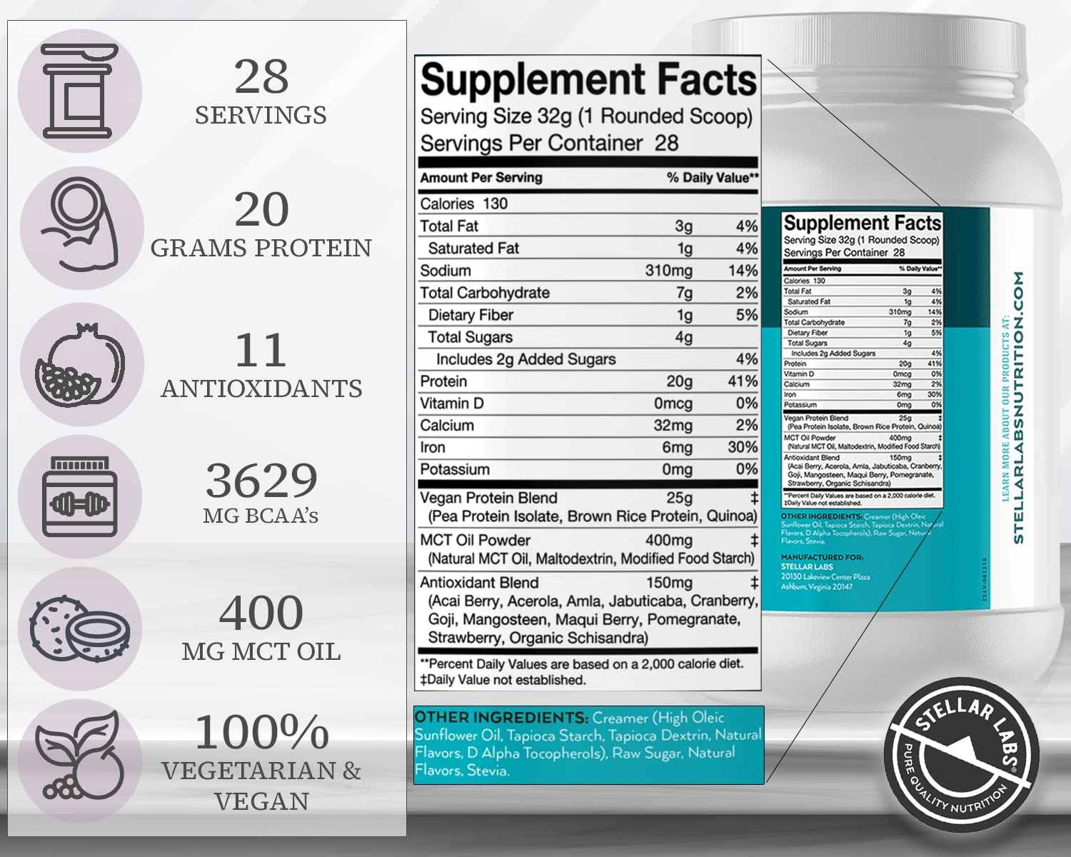 Stellar Labs Vegan Protein Powder with BCAA's & Antioxidants - Certified Low FODMAP, Non-GMO, Gluten-Free, Soy-Free, Low Carb, Stevia Sweetened | Plant-Based Protein Shakes for Weight Loss & Muscle Recovery | Vanilla Flavor for Smoothies, Baking & Post-Workout Drinks