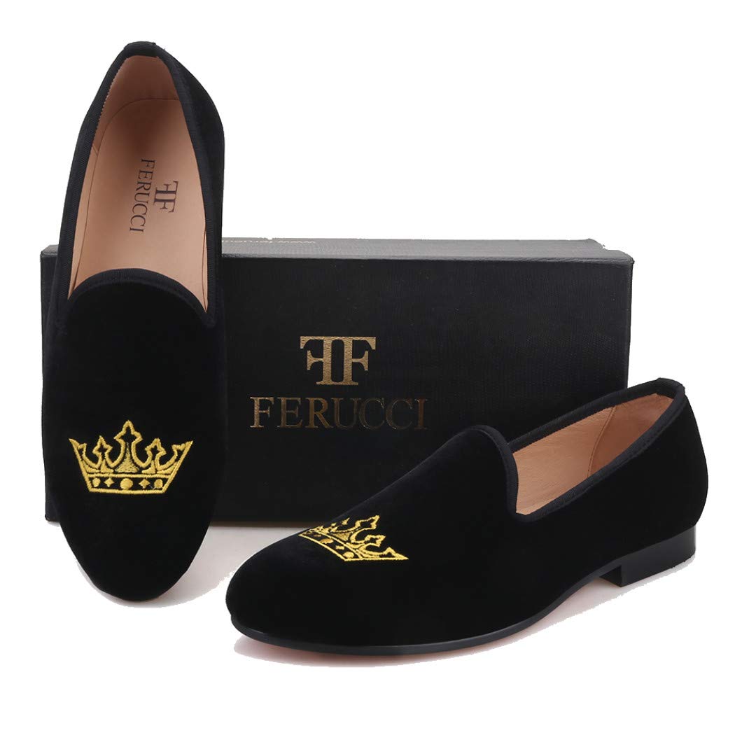 FERUCCI Men's Black Velvet Loafers Slippers with Gold Crown Embellishment - Comfortable House Shoes for Wedding, Prom, and Casual Wear