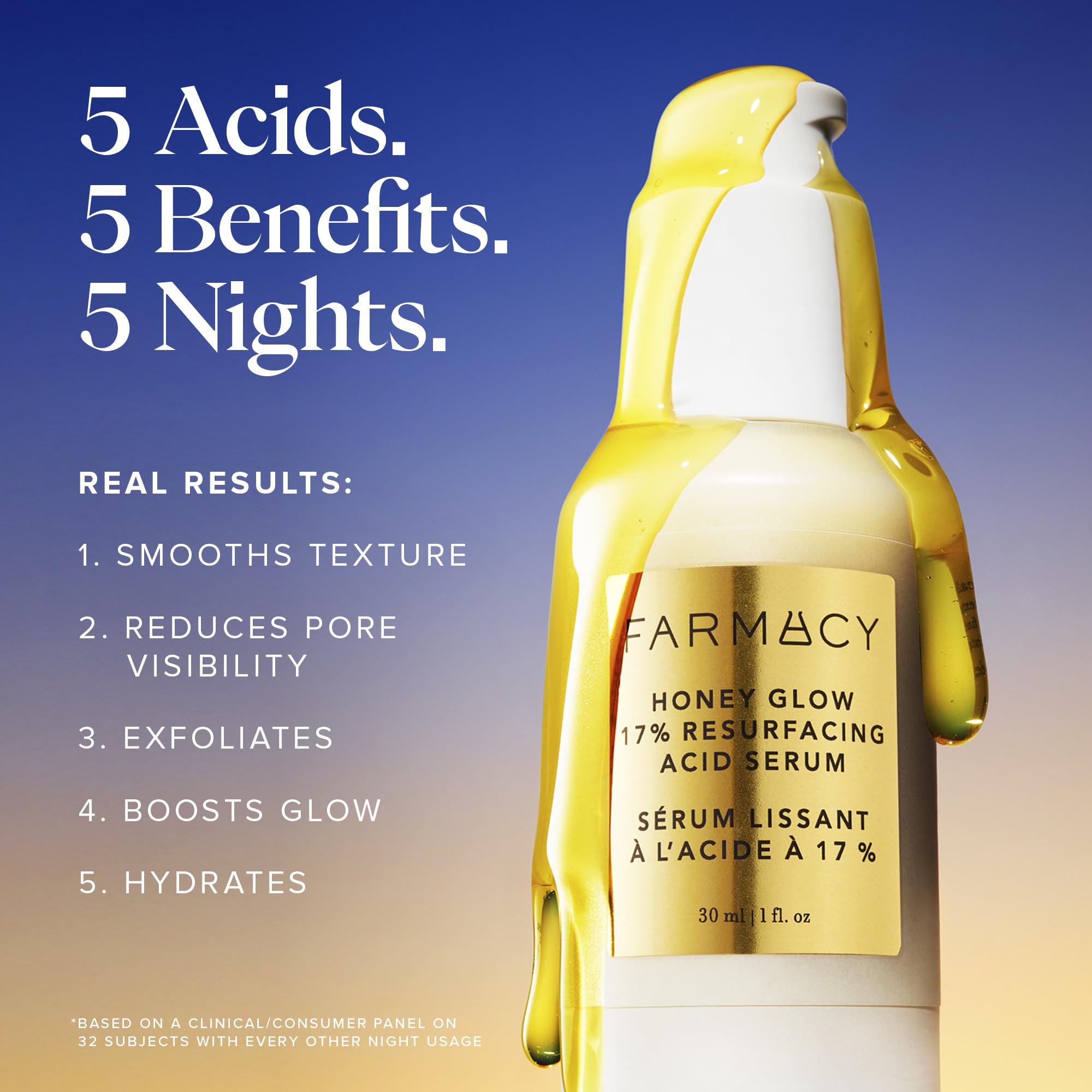 Farmacy Honey Glow 17% AHA BHA Exfoliating Serum with Salicylic Acid - Pore Minimizing & Skin Resurfacing Treatment - Hydrating Face Serum for Smooth Texture & Radiant Glow (30ml) - Perfect for Nighttime Skincare Routine & Pre-Makeup Prep