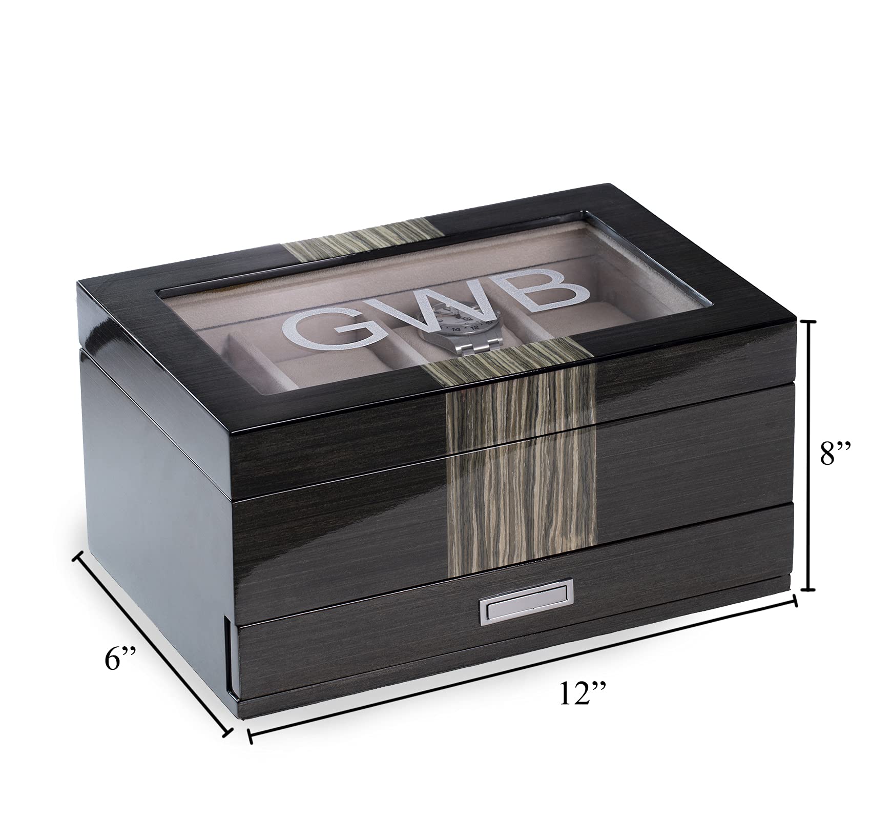 Bey-Berk High Gloss Lacquered Wooden Watch & Jewelry Storage Box with Glass Top - 8 Watch Slots & Drawer for Cufflinks, Pens - Perfect for Dresser Top, Closet Organization & Travel Jewelry Case