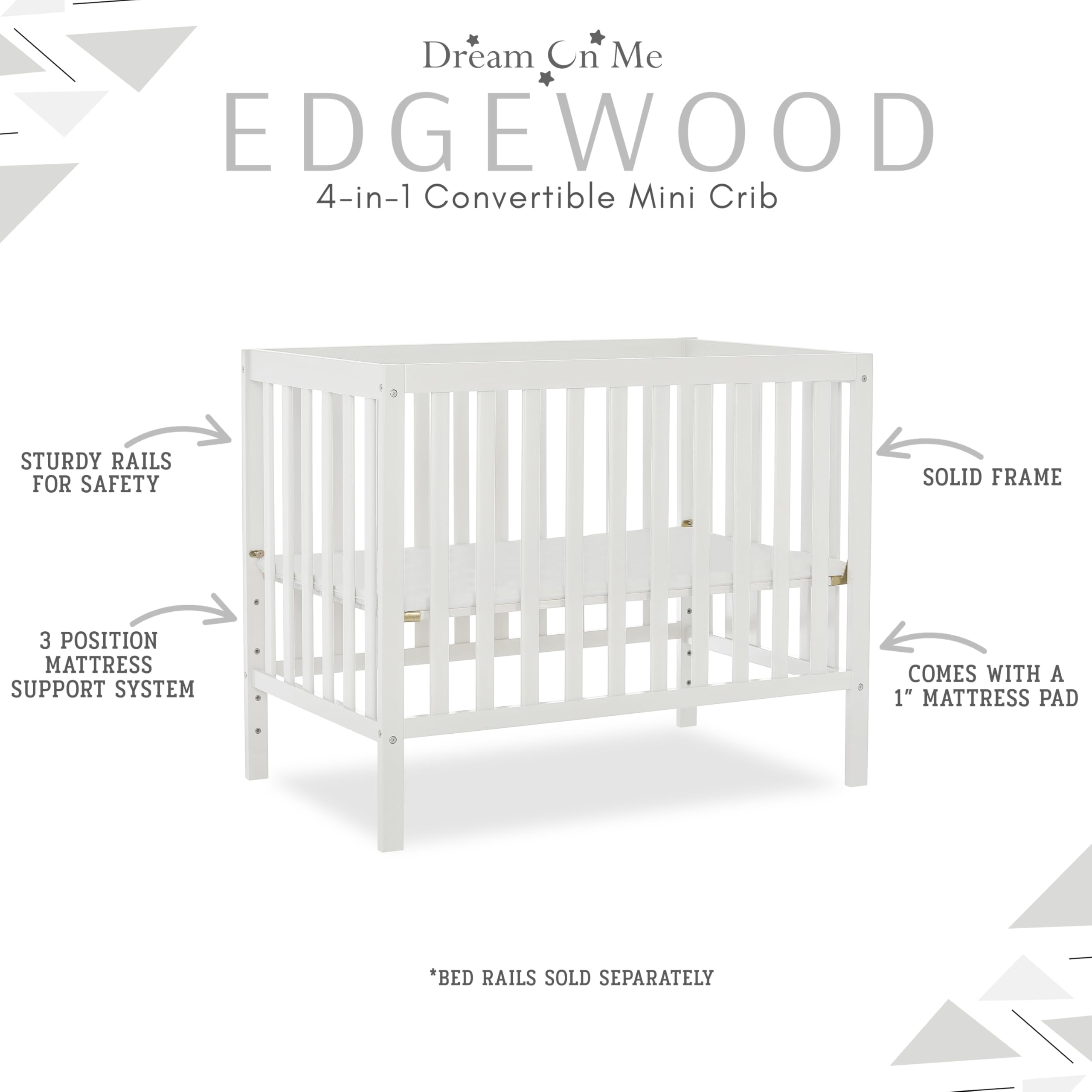 Dream On Me Edgewood 4-in-1 Convertible Mini Crib - White | JPMA Certified, Non-Toxic Finish, New Zealand Pinewood | 3 Adjustable Mattress Heights with 1