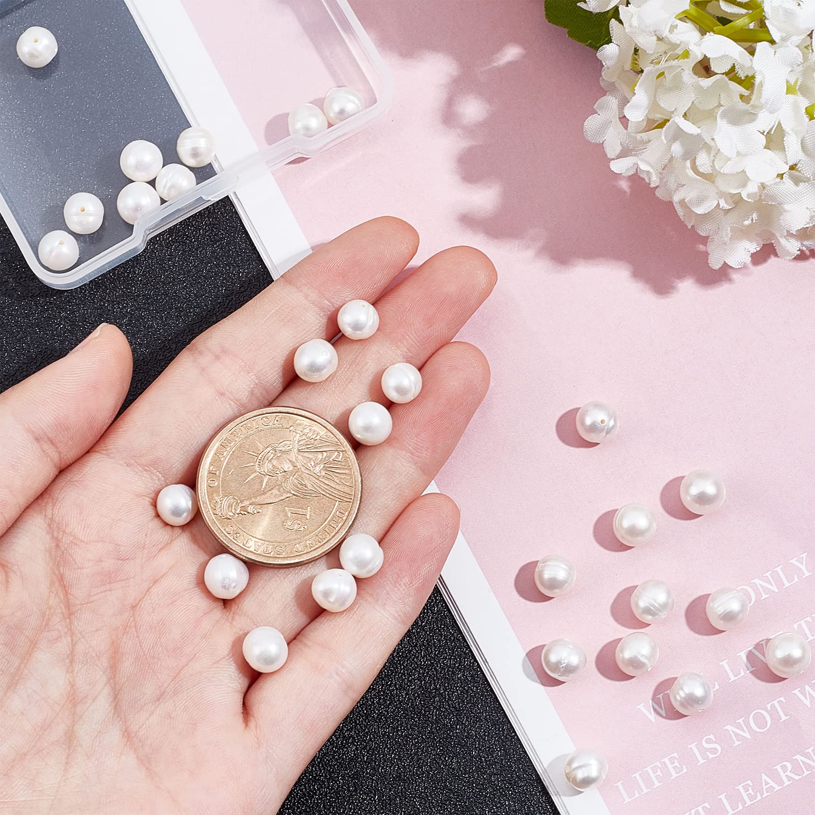 24Pcs Natural Cultured Freshwater Pearl Beads - Antique White Round Loose Pearls for Jewelry Making (0.6mm Hole) | DIY Necklace, Bracelet & Craft Projects