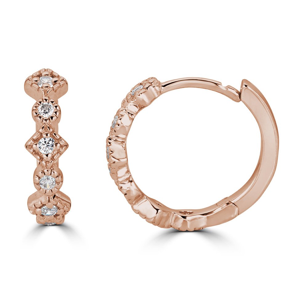 14K Gold 0.12 CTW Diamond Alternating Shape Huggie Hoop Earrings for Women - Elegant Everyday Jewelry for Work, Date Night & Special Occasions