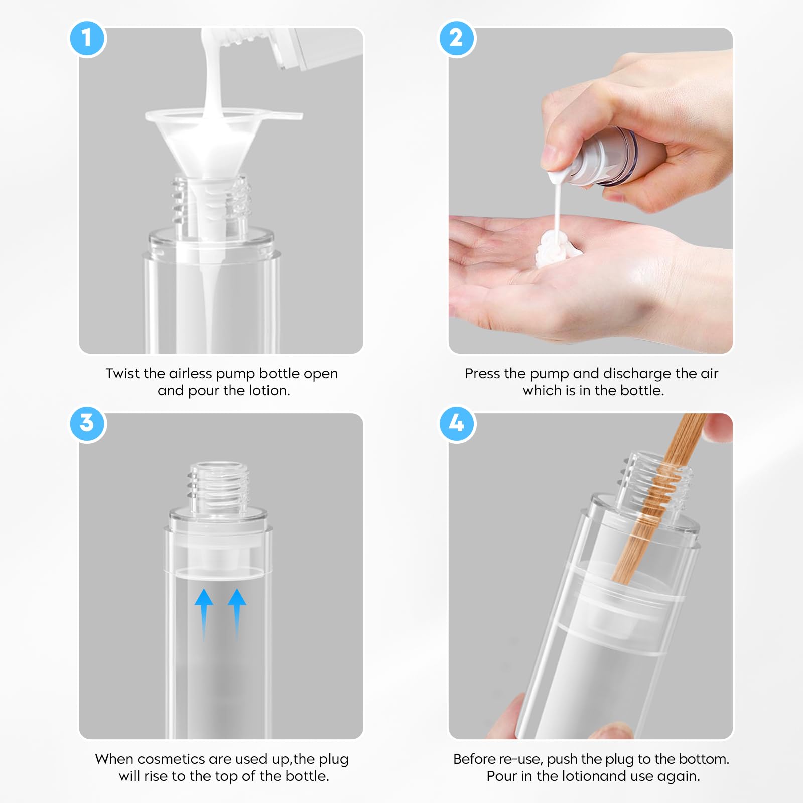 1.7oz (50ml) Clear Acrylic Travel Bottles with Airless Pump & Labels - Leakproof Refillable Toiletry Containers for Hand Cream, Lotion, Makeup & Skincare Liquids | Perfect for TSA Carry-on & Vacation Essentials (2-Pack)