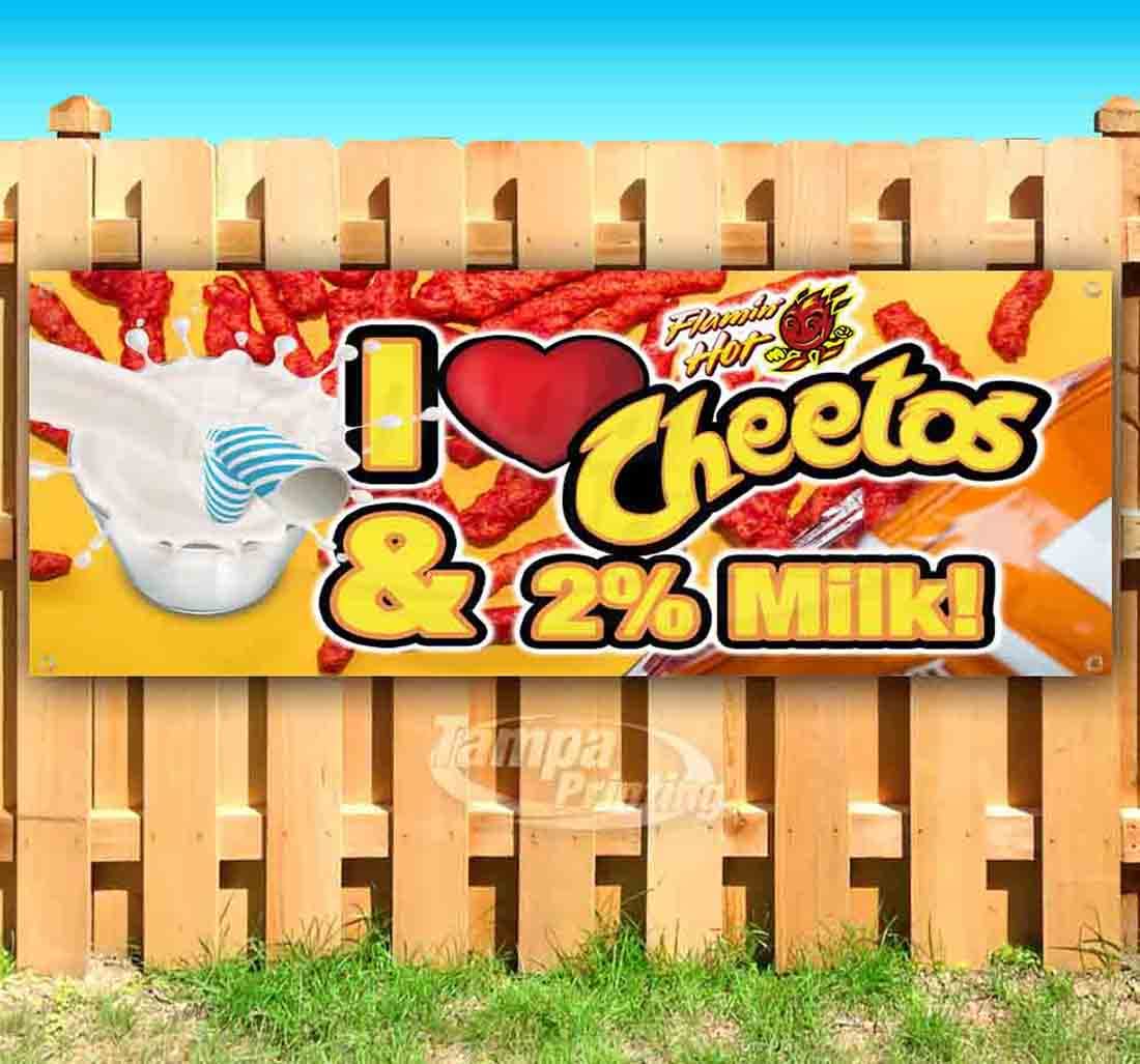Premium Heavy-Duty Vinyl 'I Love Cheese Snacks & 2% Milk' Banner 13 oz - Single-Sided with Metal Grommets | Durable Non-Fabric Decoration for Parties, Restaurants & Dairy Shops