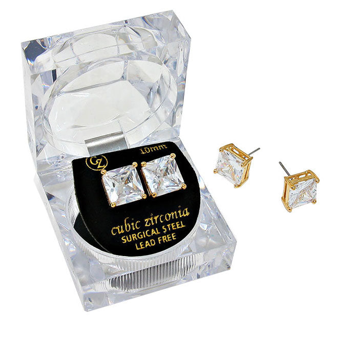 10mm Square Cut Crystal Cubic Zirconia (CZ) Earrings - Sparkling Clear Gemstone Jewelry for Women, Elegant Gift Box Included | Perfect for Weddings, Parties & Special Occasions