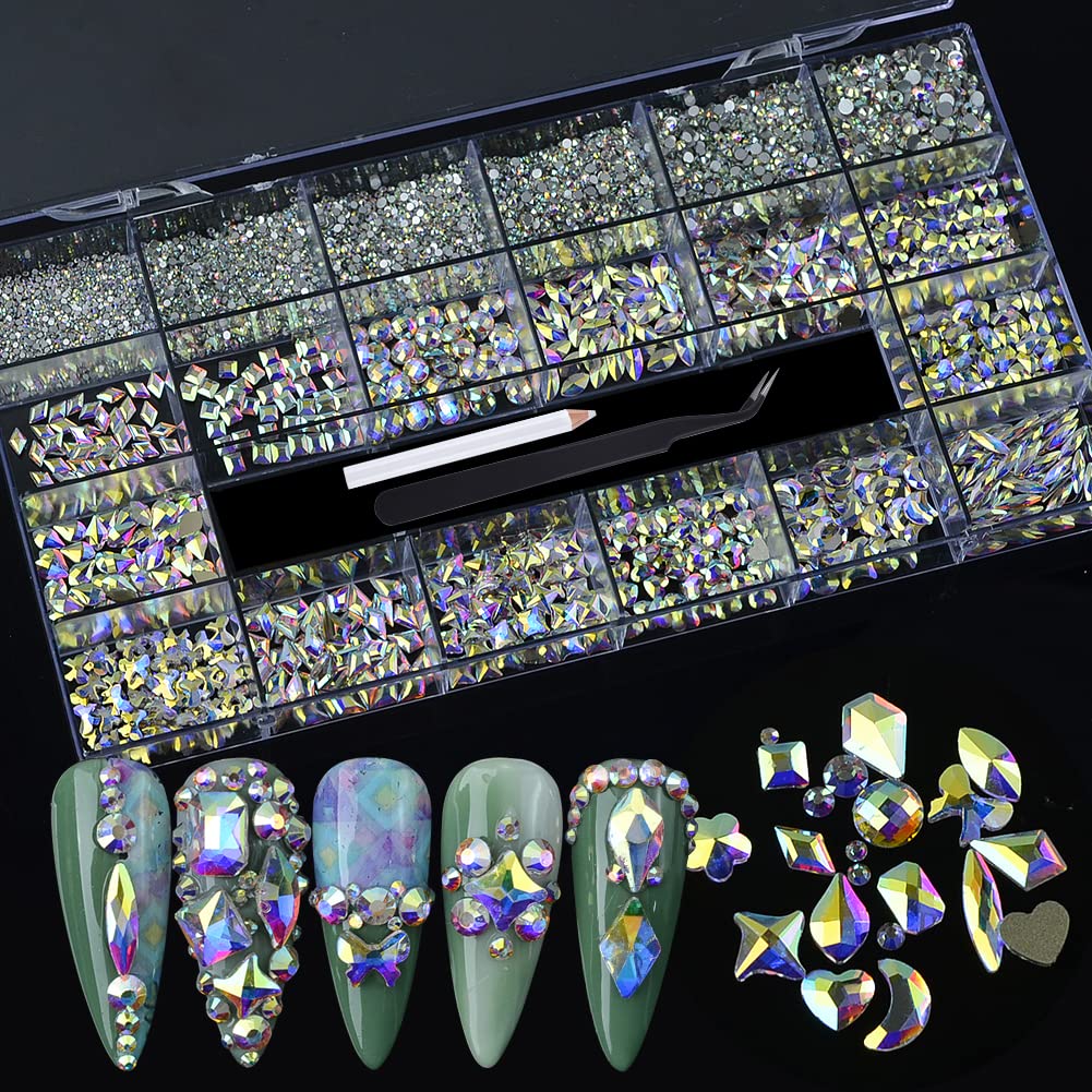 BAIYIYI 8620PCS Nail Rhinestones Kit - Multi-Shape Glass Crystal Flatback Gems for Professional Nail Art | Includes Rhinestone Picker & Storage Box | Perfect for DIY Nail Designs, Bridal Manicures, Salon Decorations