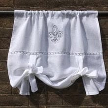 French Linen White Tie-Up Window Shade with Fleur de Lis Embroidery - Elegant Light Filtering Curtain for Living Room & Bedroom