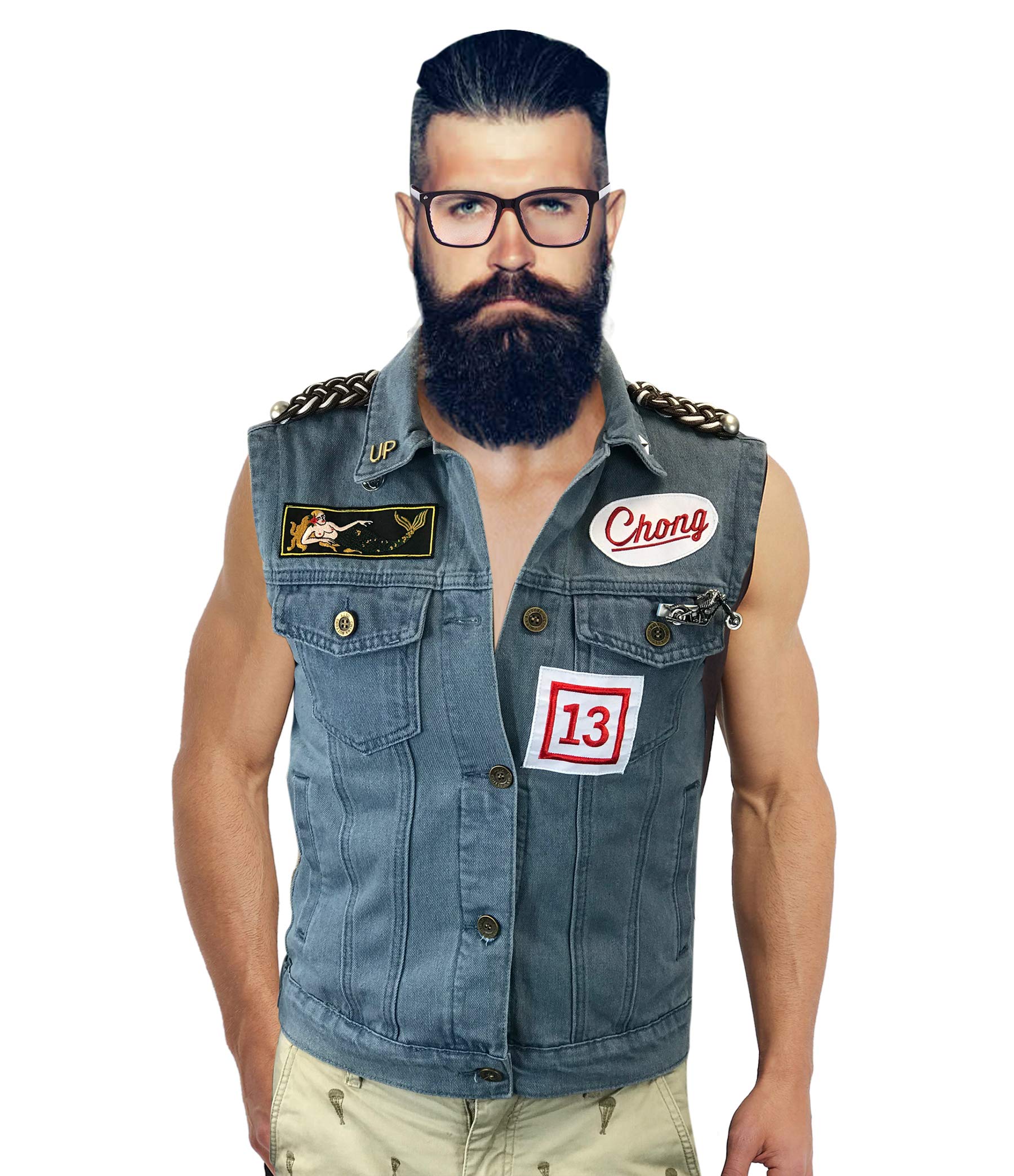 Tommy Vest with Pins - Denim Waistcoat Costume for Men (Size L) | 80s Retro Outfit for Halloween, Cosplay & Themed Parties