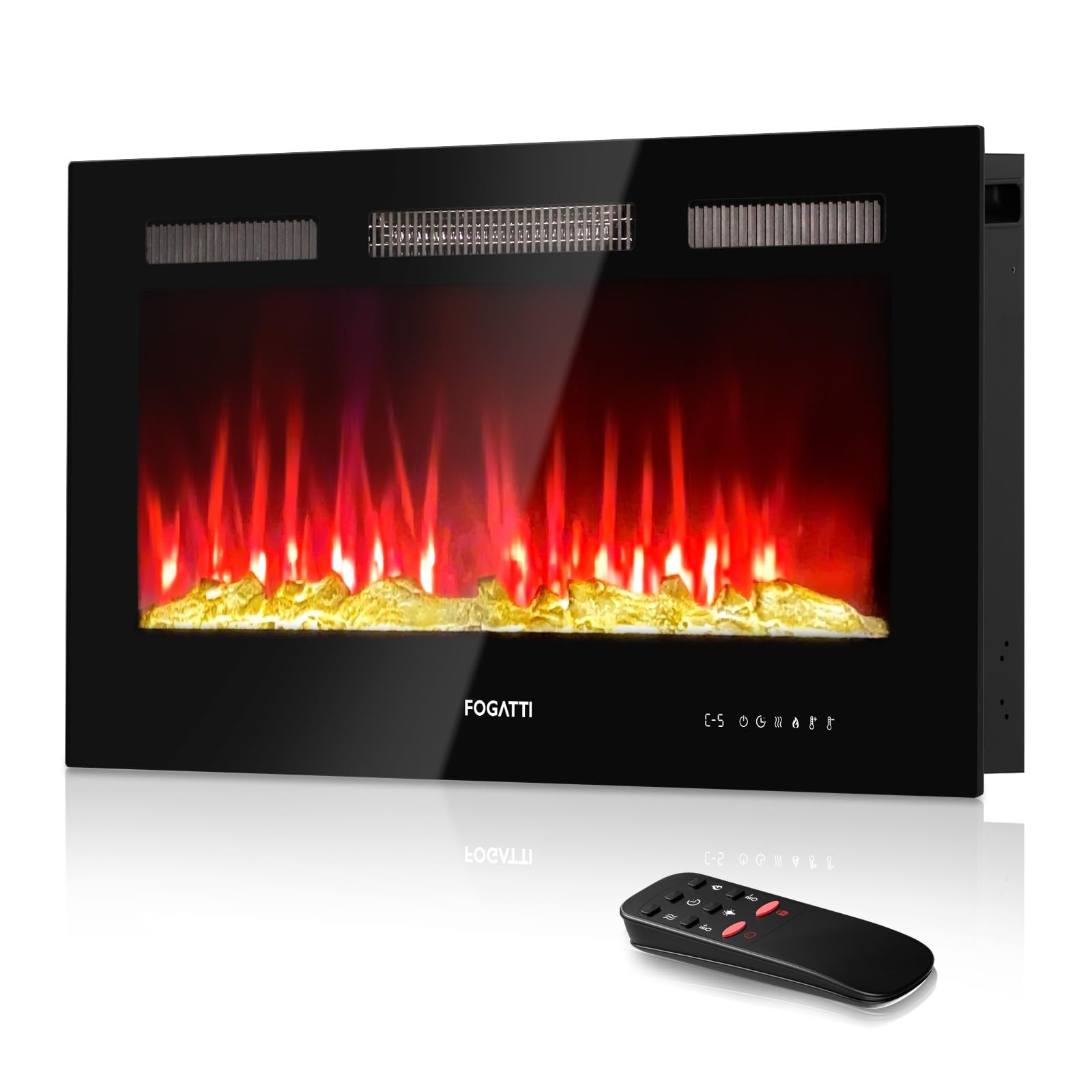 FOGATTI 36 Inch Electric Fireplace - Wall Mounted & Recessed RV Fireplace Heater with Remote Control, Timer, Realistic 7-Color Flame (Crystals/Driftwood Options) - Perfect for Living Rooms, Bedrooms & Campers