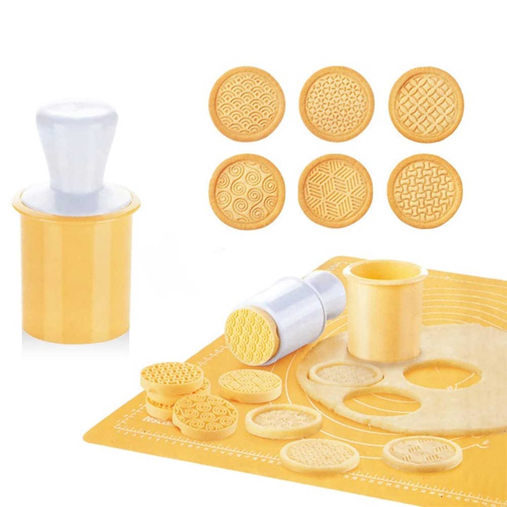 Nonstick Cookie Stamp and Knife Set - 6 Geometric Silicone Baking Stamps with Handle for DIY Cookies, Pastry, and Dessert Decorating - Perfect for Holiday Baking, Birthday Parties, and Gift Making (Yellow)