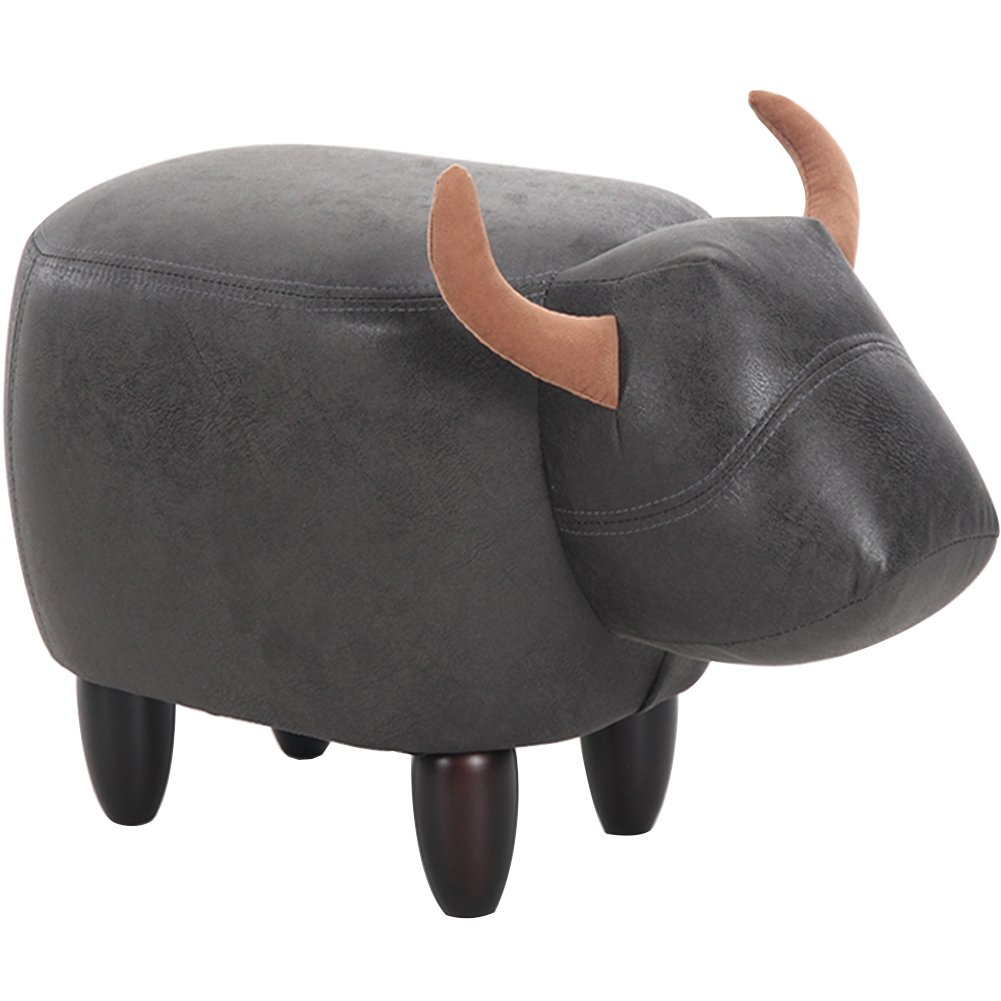 Cute Buffalo Ottoman Footstool - Upholstered Animal Stool for Kids, Wooden Footrest & Decorative Accent Furniture (Black PU) - Perfect for Nursery, Playroom & Living Room
