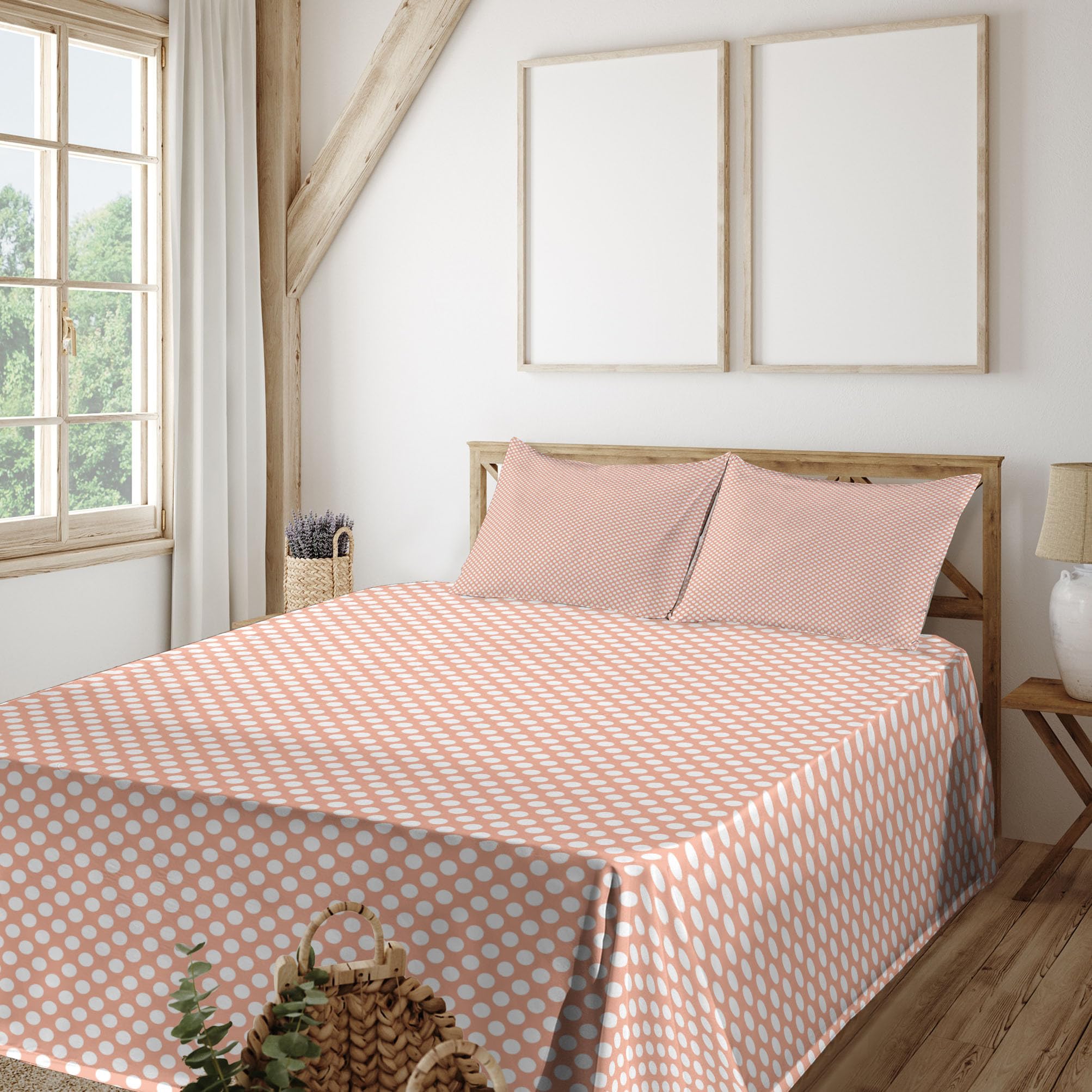 Ambesonne Abstract King Size 4-Piece Sheet Set - Monochrome Polka Dots, Symmetrical Circle Design, Peach & White - Soft Bedding for Modern Bedrooms, Guest Rooms & Dorm Decor