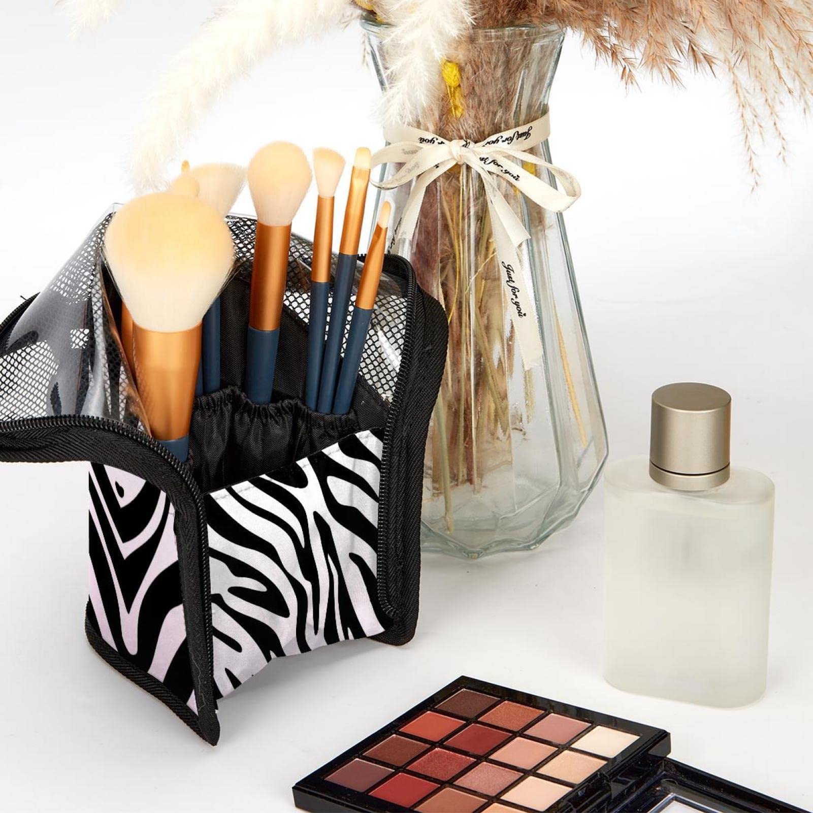 Portable Pink Zebra Stripes Makeup Brush Organizer Bag with 12 Brush Holder - Perfect for Travel, Home Vanity & Professional Makeup Artists