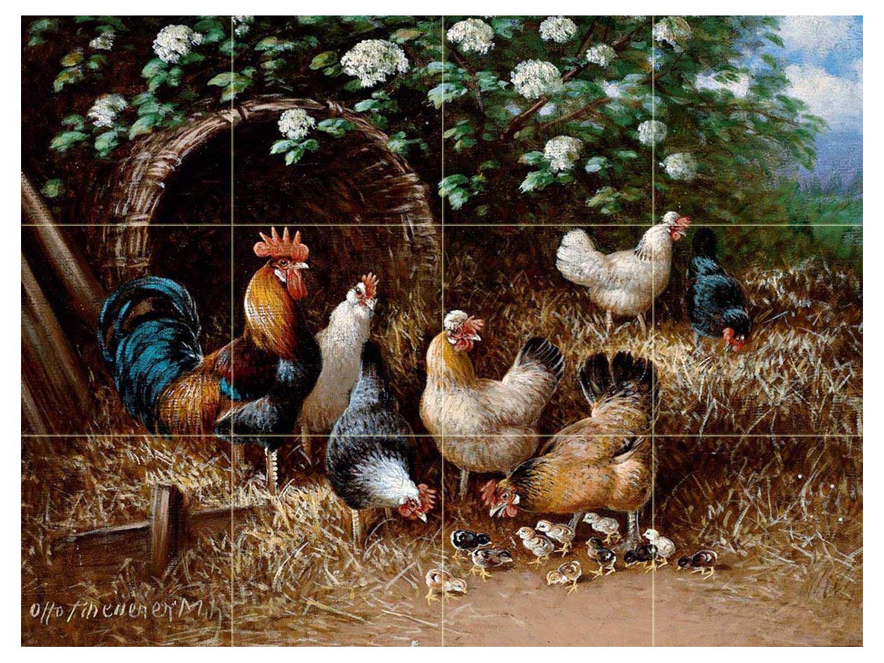 Otto Scheuerer Chicken Family Under a Bush Ceramic Tile Mural - 4x3 (4.25