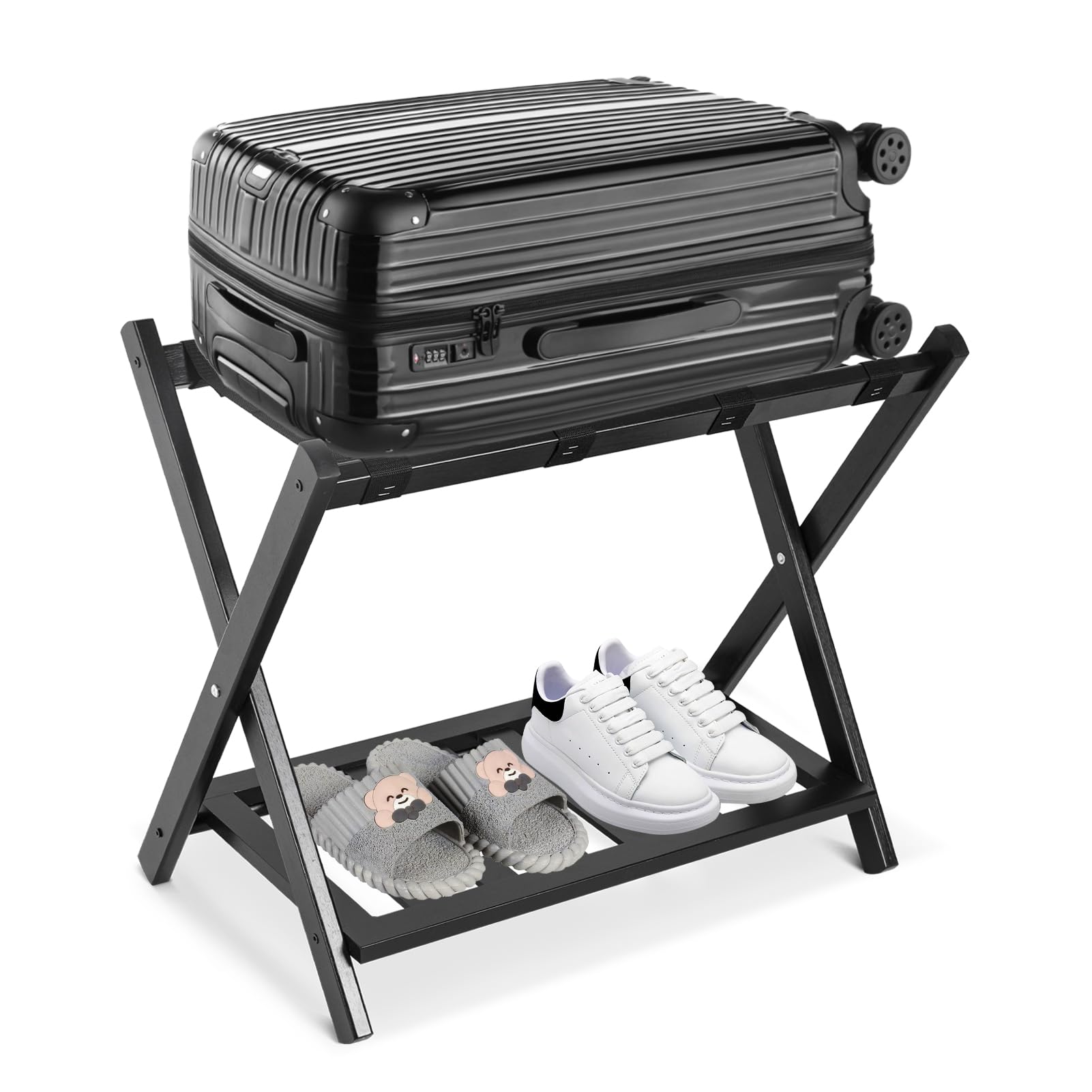Heavy Duty Wooden Folding Luggage Rack with Shelf - 2 Tier Suitcase Stand with Nylon Belts, Space-Saving Foldable Bag Holder for Bedroom, Guest Room & Closet - 2 Pack - Perfect for Travel Storage & Suitcase Organization