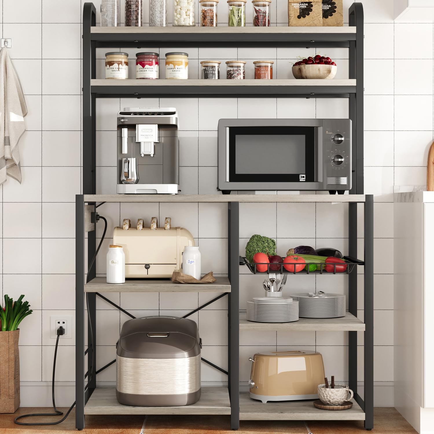 GAOMON 6-Tier Bakers Rack with Power Outlet & Wire Baskets - Freestanding Kitchen Storage Shelf for Microwave, Spices & Cookware - Retro Gray Utility Shelf for Small Spaces & Apartment Living