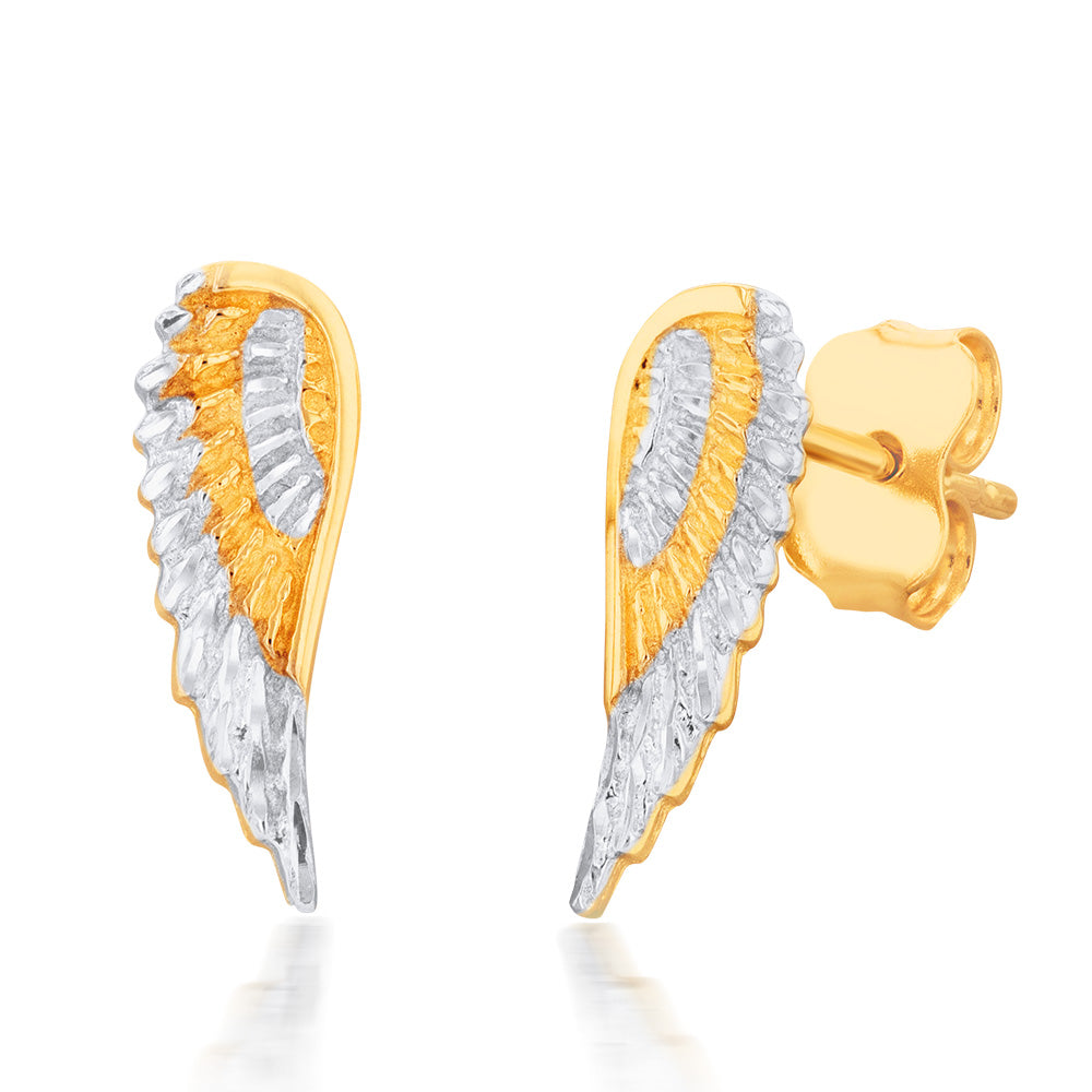 9ct Yellow and White Gold Angel Wings Diamond Cut Stud Earrings - Elegant Jewelry for Women, Gift for Her - Perfect for Weddings, Anniversaries, and Special Occasions