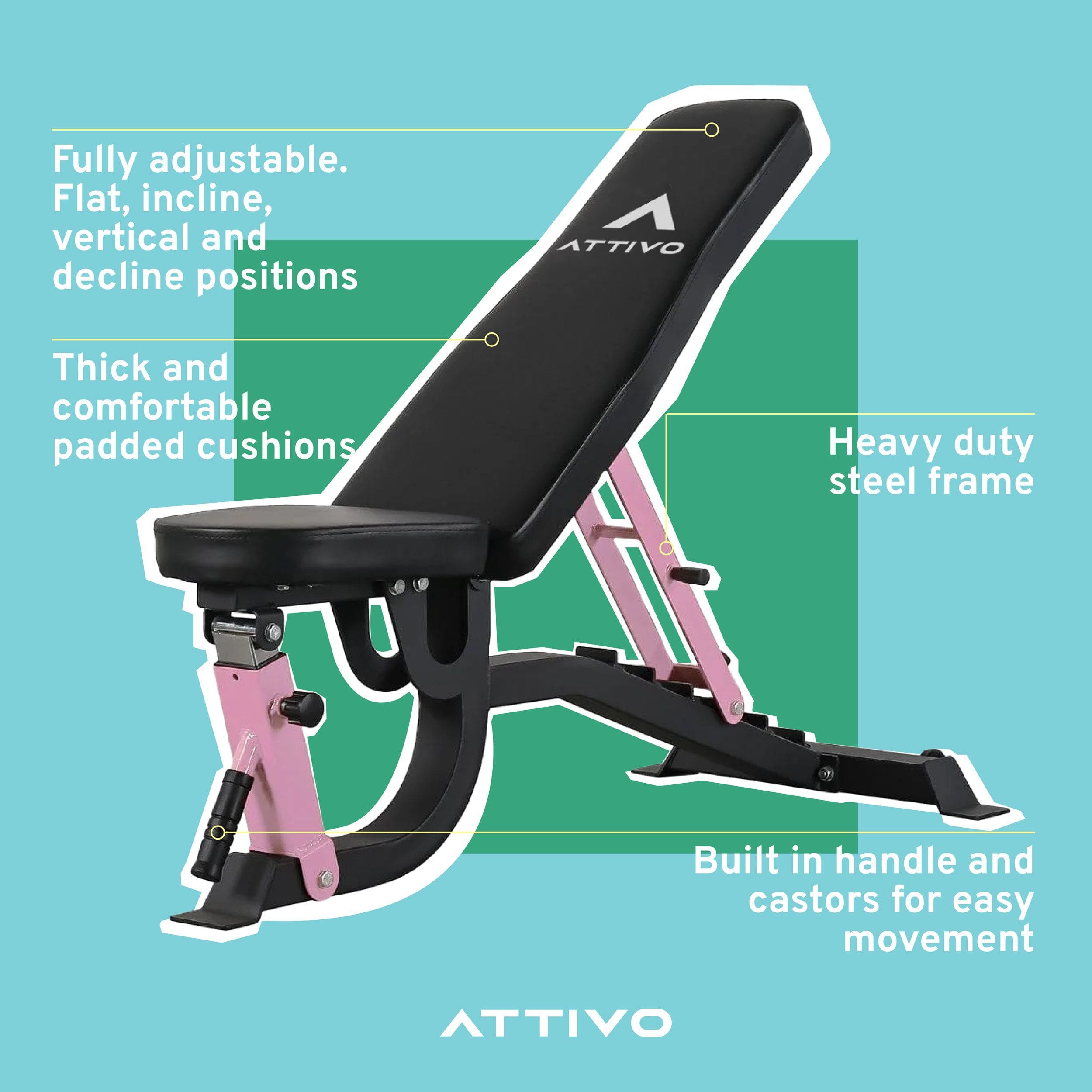 ATTIVO L2 Adjustable Weight Bench for Home Gym - Pink - Perfect for Strength Training, Workouts & Fitness Exercises