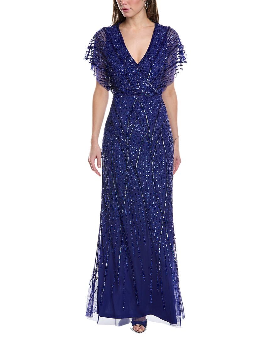 Adrianna Papell Women's Elegant V-Neck Beaded Mesh Overlay Evening Gown - Perfect for Prom, Gala, and Formal Events