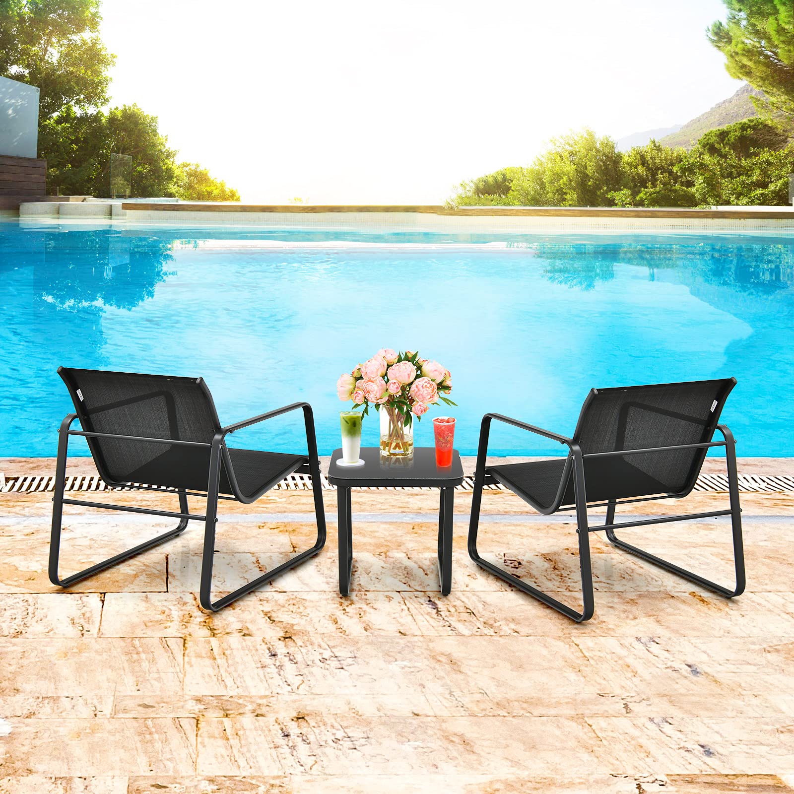 Giantex 3-Piece Patio Bistro Set - Outdoor Dining Furniture with Rustproof Steel Frame, Glass Top Table & 2 Chairs for Garden, Balcony, Deck, Yard - Perfect for Outdoor Entertaining, Relaxing & Dining (Black)