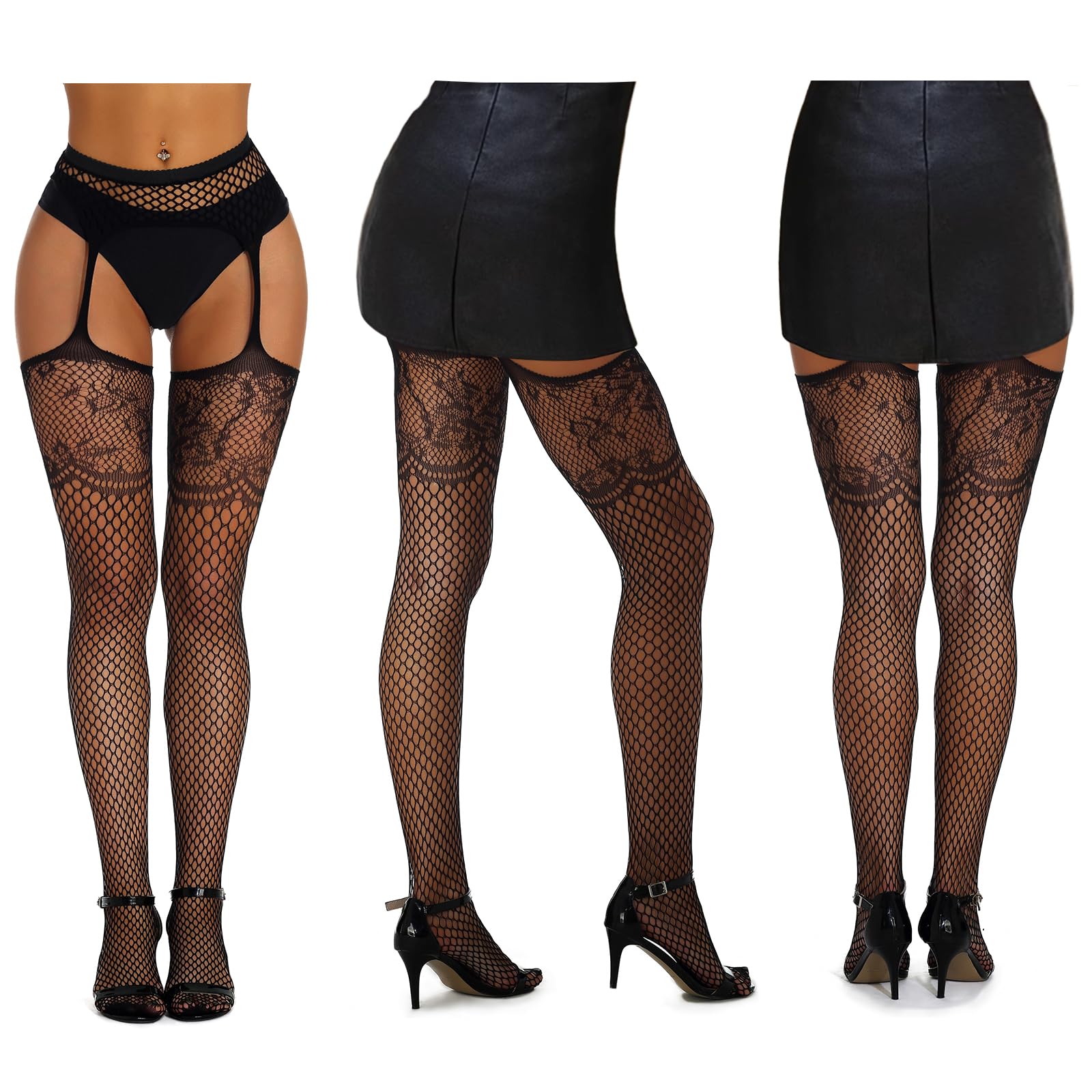 SOUTHRO 5 Pairs Fishnet Thigh High Stockings with Garter Belt Set - Sexy Lingerie Tights for Women & Girls - Perfect for Halloween, Cosplay, Boudoir & Date Night Outfits
