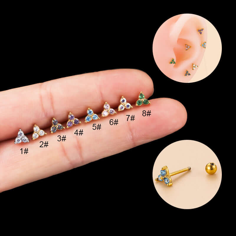 20G Surgical Steel Cartilage Earrings - 3 Leaf Stud Conch Piercing Jewelry with Ball Back | Hypoallergenic Body Jewelry for Helix, Tragus, Rook Piercings | Perfect for Everyday Wear & Special Occasions